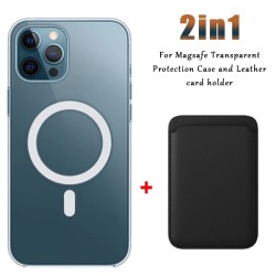Magsafe draadloos opladen - transparant magnetisch hoesje - magnetische leren kaarthouder - voor iPhone - zwartBescherming