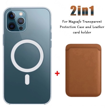 Magsafe draadloos opladen - transparant magnetisch hoesje - magnetische leren kaarthouder - voor iPhone - bruinBescherming