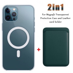 Magsafe draadloos opladen - transparant magnetisch hoesje - magnetische leren kaarthouder - voor iPhone - donkergroenBescherming