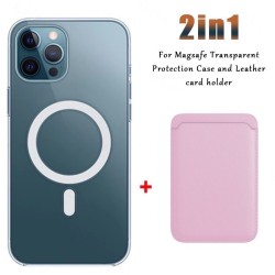 Chargement sans fil Magsafe - étui magnétique transparent - porte-cartes magnétique en cuir - pour iPhone - rose