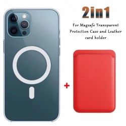 Magsafe draadloos opladen - transparant magnetisch hoesje - magnetische leren kaarthouder - voor iPhone - roodBescherming