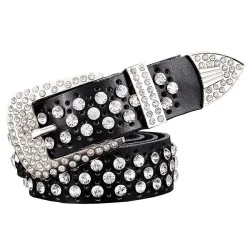 Ceinture en cuir à la mode - avec trous / strass - boucle en métal