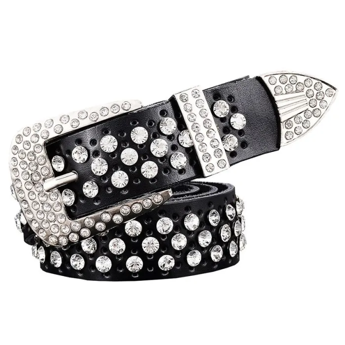 Modieuze leren riem - met gaten / strass - metalen gespRiemen