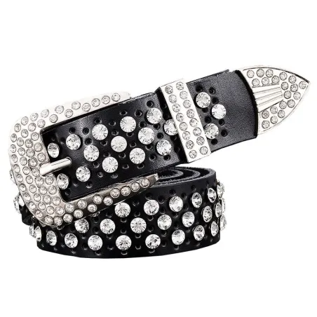Modieuze leren riem - met gaten / strass - metalen gespRiemen