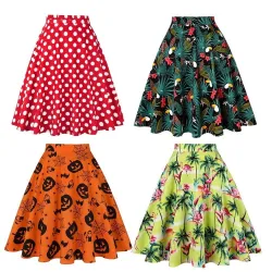 Jupe tendance au genou - ligne A vintage - taille haute - coton - imprimé coloré