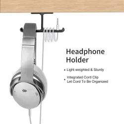 Support double pour casque - crochet en aluminium - sous le bureau / fixé au mur