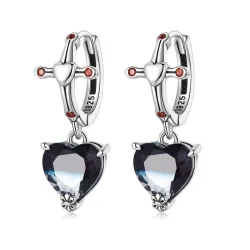 Ronde zilveren oorbellen - kruis - zwart kristal bungelend hartje - 925 sterling zilverOorbellen
