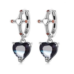 Round silver earrings - cross - black crystal dangle heart - 925 sterling silverOorbellen
