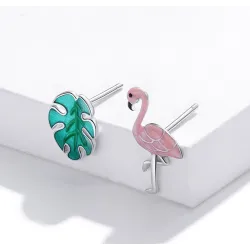 925 sterling zilveren oorbellen - roze flamingo / groen bladOorbellen