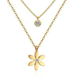 Bloemhanger met kristal - dubbele ketting - roestvrij staalHalskettingen