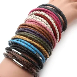 Cuir véritable tressé - bracelet avec fermoirs aimantés