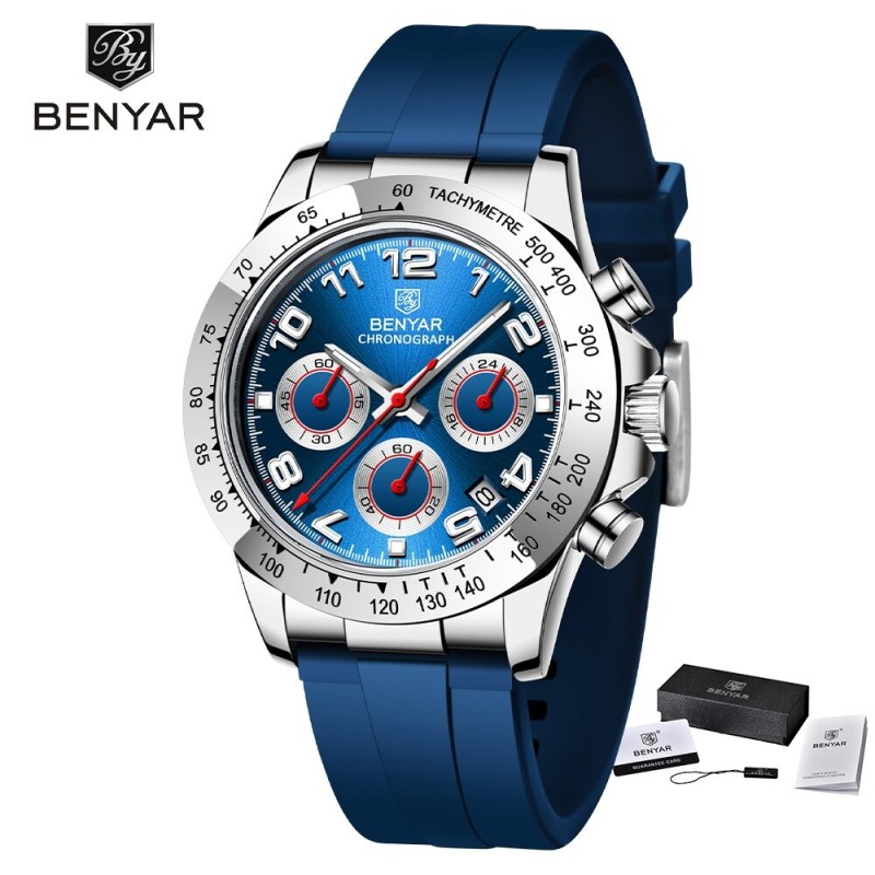 BENYAR - montre en acier inoxydable - Quartz - chronographe - étanche 30M - bracelet en caoutchouc