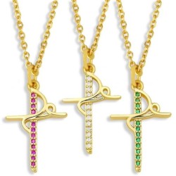 Pendentif rétro Jésus / croix - avec collier - zircon en cristal coloré