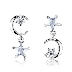 Boucles d'oreilles asymétriques étoile/lune - avec cristaux