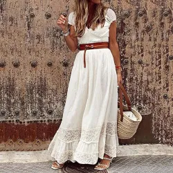 Robe longue élégante - dentelle brodée évidée - manches courtes