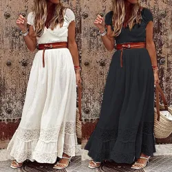 Elegante maxi-jurk - uitgehold borduurkant - korte mouwJurken