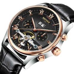 KINYUED - montre tourbillon mécanique - design squelette - bracelet cuir
