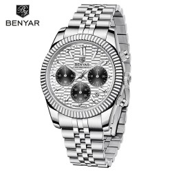 BENYAR - montre à quartz élégante - chronographe - étanche - acier inoxydable - blanc