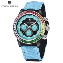 PAGANI DESIGN - montre de sport mécanique - chronographe - lunette arc-en-ciel - bracelet cuir - bleu
