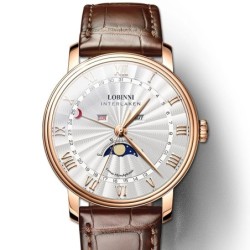 LOBINNI - luxury Quartz watch - moon phase - waterproof - leather strap - white / brownHorloges