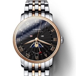 LOBINNI - montre à quartz de luxe - phase de lune - étanche - acier inoxydable - or / noir