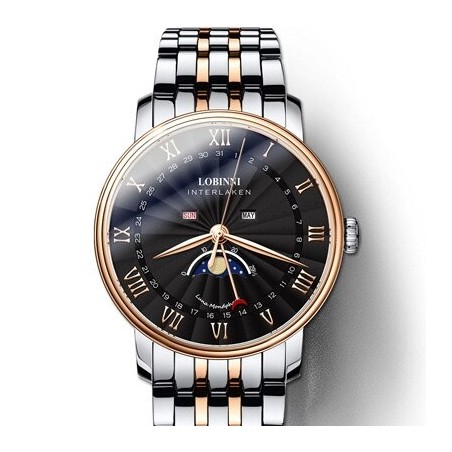 LOBINNI - luxe Quartz horloge - maanstand - waterdicht - edelstaal - goud/zwartHorloges