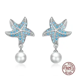 Blauwe zirkonia zeester oorbellen - met parel - 925 sterling zilverOorbellen