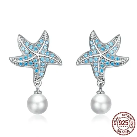 Boucles d'oreilles étoile de mer avec zircon bleu - avec perle - argent sterling 925