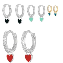 Ronde zilveren oorbellen met kristallen / hangend hartje - 925 sterling zilverOorbellen