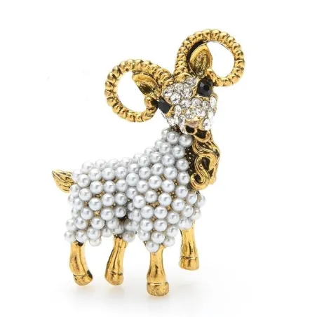 Chèvre dorée avec perles - broche vintage