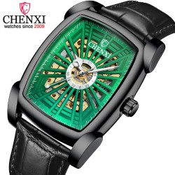 CHENXI - montre carrée automatique - design sculpté en creux - bracelet en cuir - noir / vert