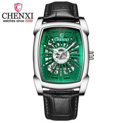 CHENXI - automatisch vierkant horloge - hol gesneden ontwerp - lederen band - zilver / groenHorloges