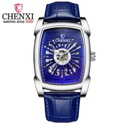 CHENXI - automatisch vierkant horloge - hol gesneden ontwerp - lederen band - zilver / blauwHorloges