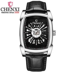 CHENXI - automatisch vierkant horloge - hol gesneden ontwerp - lederen band - zilver/zwartHorloges