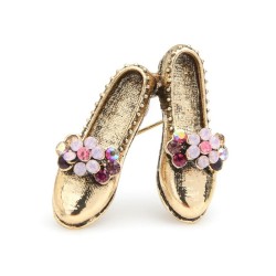 Broche rétro - chaussures dorées / fleurs strass