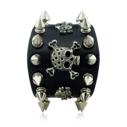 Bracelet cuir large - rivets - tête de mort - style punk