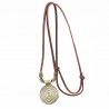Collier vintage - pendentif rond en métal - corde en cuir