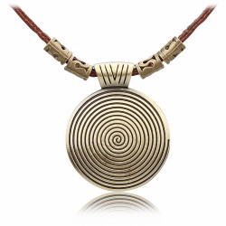 Collier vintage - pendentif rond en métal - corde en cuir