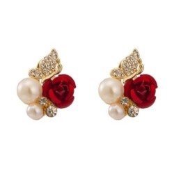Clous d'oreilles élégants - rose rouge / perles / papillon - cristaux