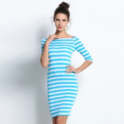 Off-shoulder gestreepte jurk - slankJurken