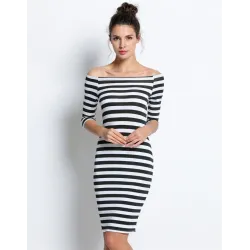 Off-shoulder gestreepte jurk - slankJurken