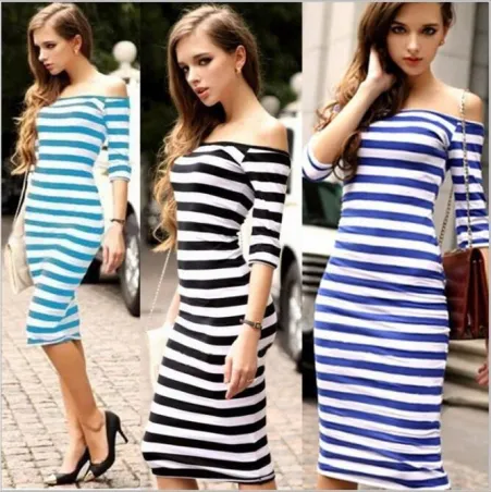 Off-shoulder gestreepte jurk - slankJurken