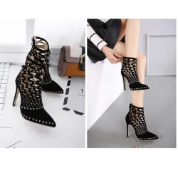 Enkellaarzen met hoge hak - cut-out design - met klinknagels/ritsHoge hakken