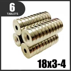 N35 - neodymium magnet - strong disc - 18mm * 3mm - with 4mm hole - 6 piecesN35