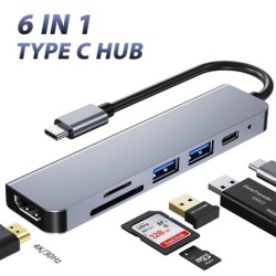 HUB 6 en 1 - type-C - USB 3.0 - compatible HDMI - répartiteur - adaptateur