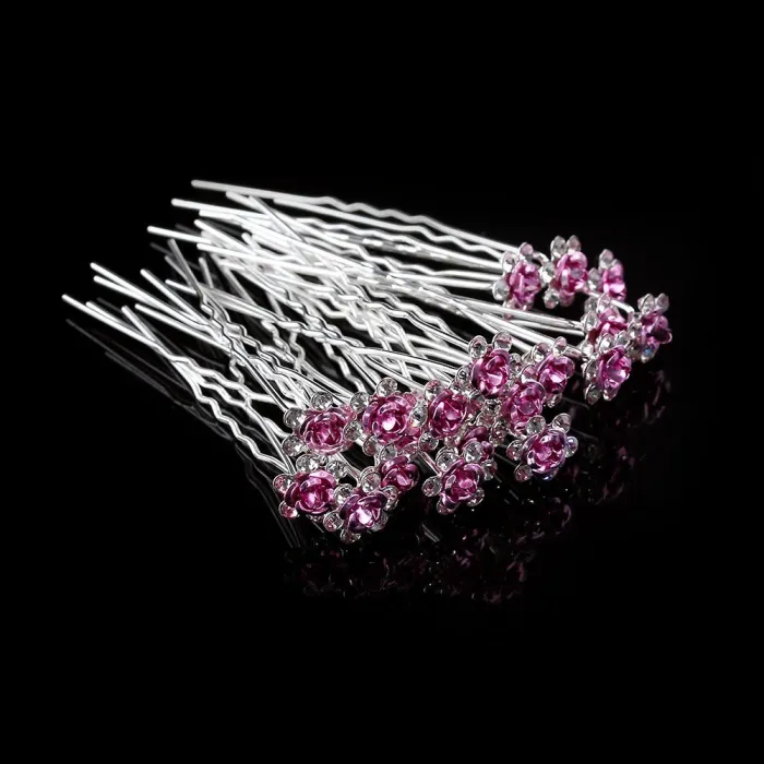Épingles à cheveux argentées - roses colorées / cristaux - 20 pièces