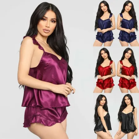 Pyjama sexy en satin - short - haut sans manches - ensemble