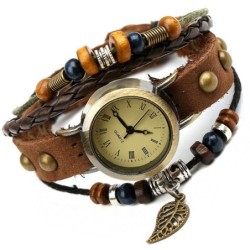 Vintage meerlaagse lederen armband - met Quartz horloge / kralenHorloges
