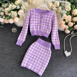 Ensemble à carreaux en maille - jupe - gilet - cardigan