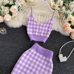 Ensemble à carreaux en maille - jupe - gilet - cardigan